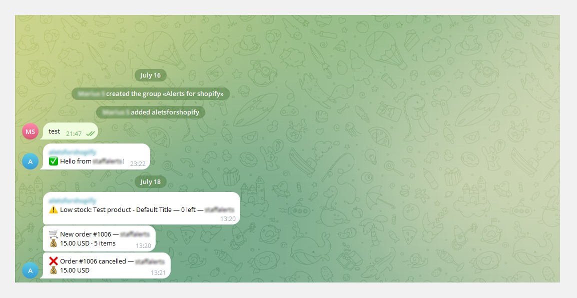 Example Dingio alerts in a Telegram chat: a new order and a low stock warning